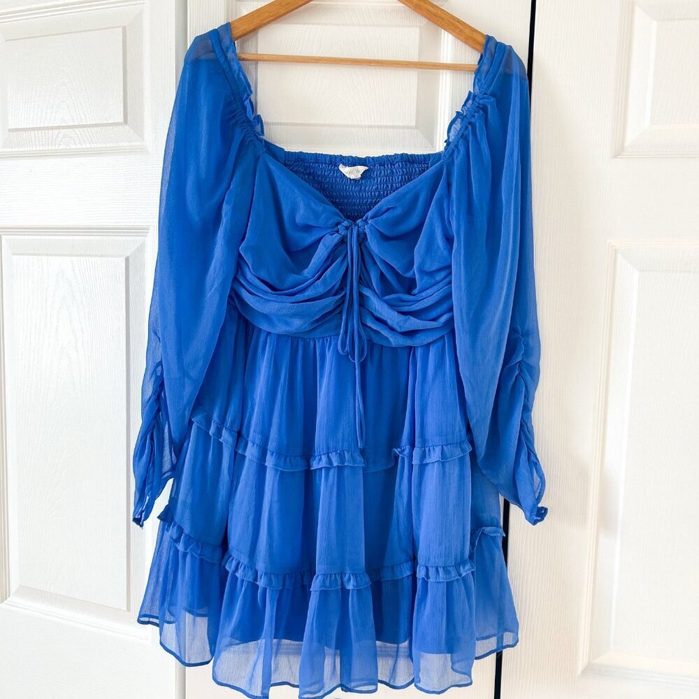 Beyond Words Blue Tiered Chiffon Dress Smocked Bodice Womens Size XL EUC